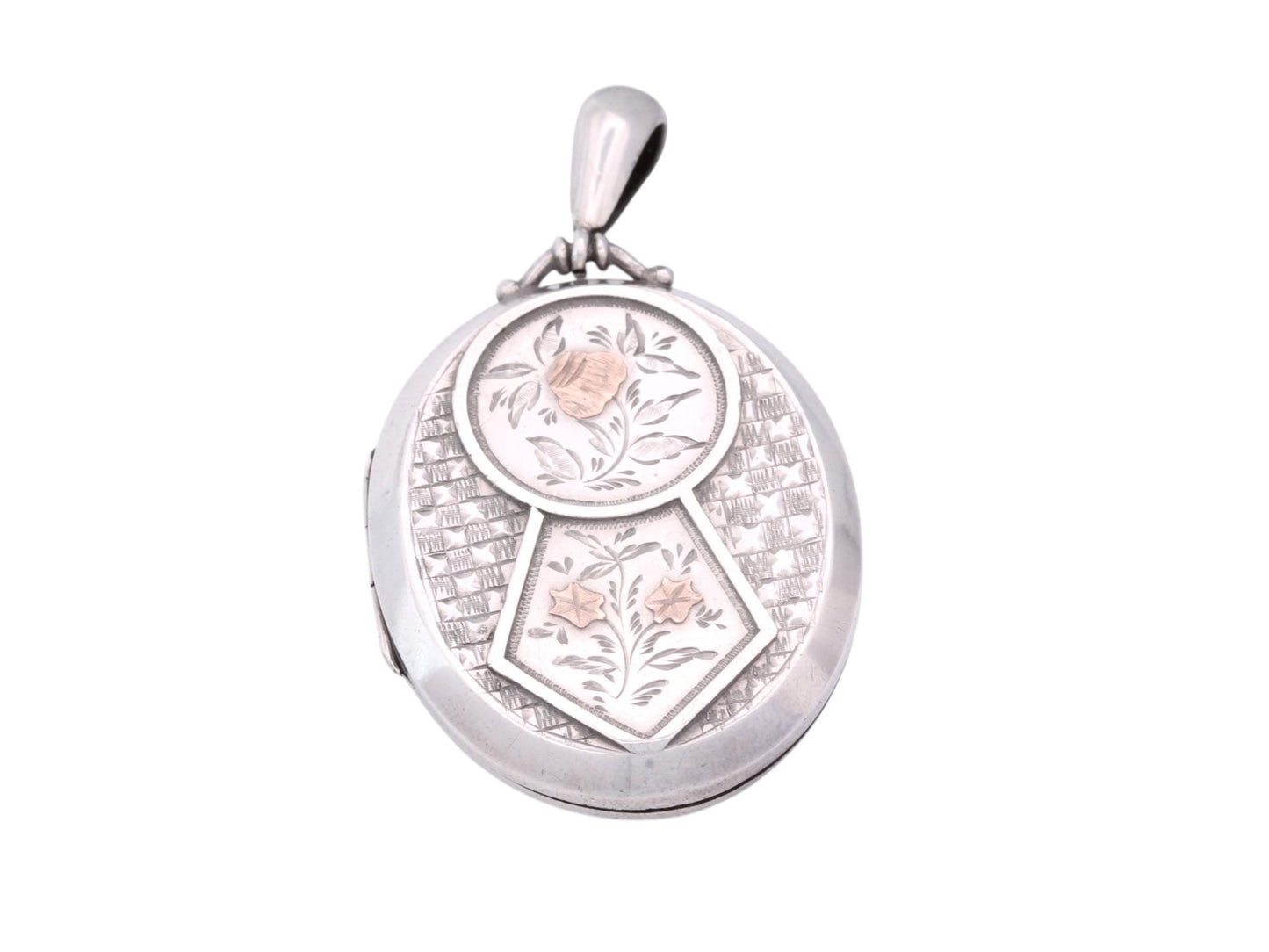 Antique Victorian Sterling Silver Locket | Applied Rose Gold Flowers | 1882