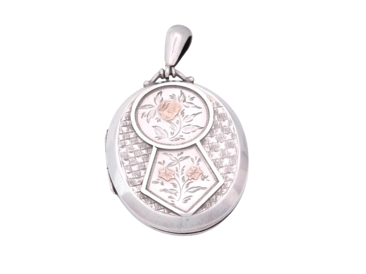 Antique Victorian Sterling Silver Locket | Applied Rose Gold Flowers | 1882