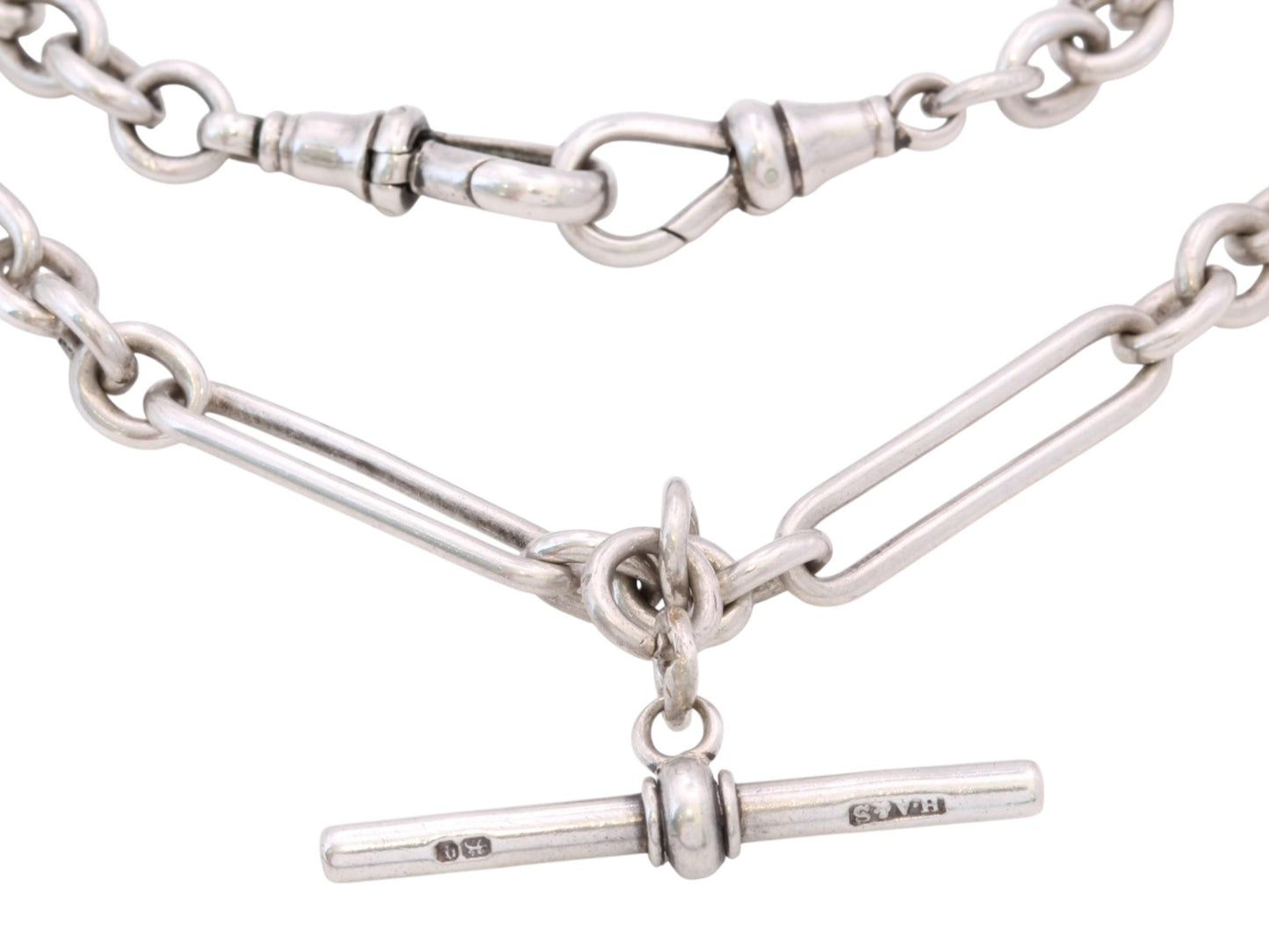 Antique Sterling Silver Double Albert Trombone Link Watch Chain, 14.25"
