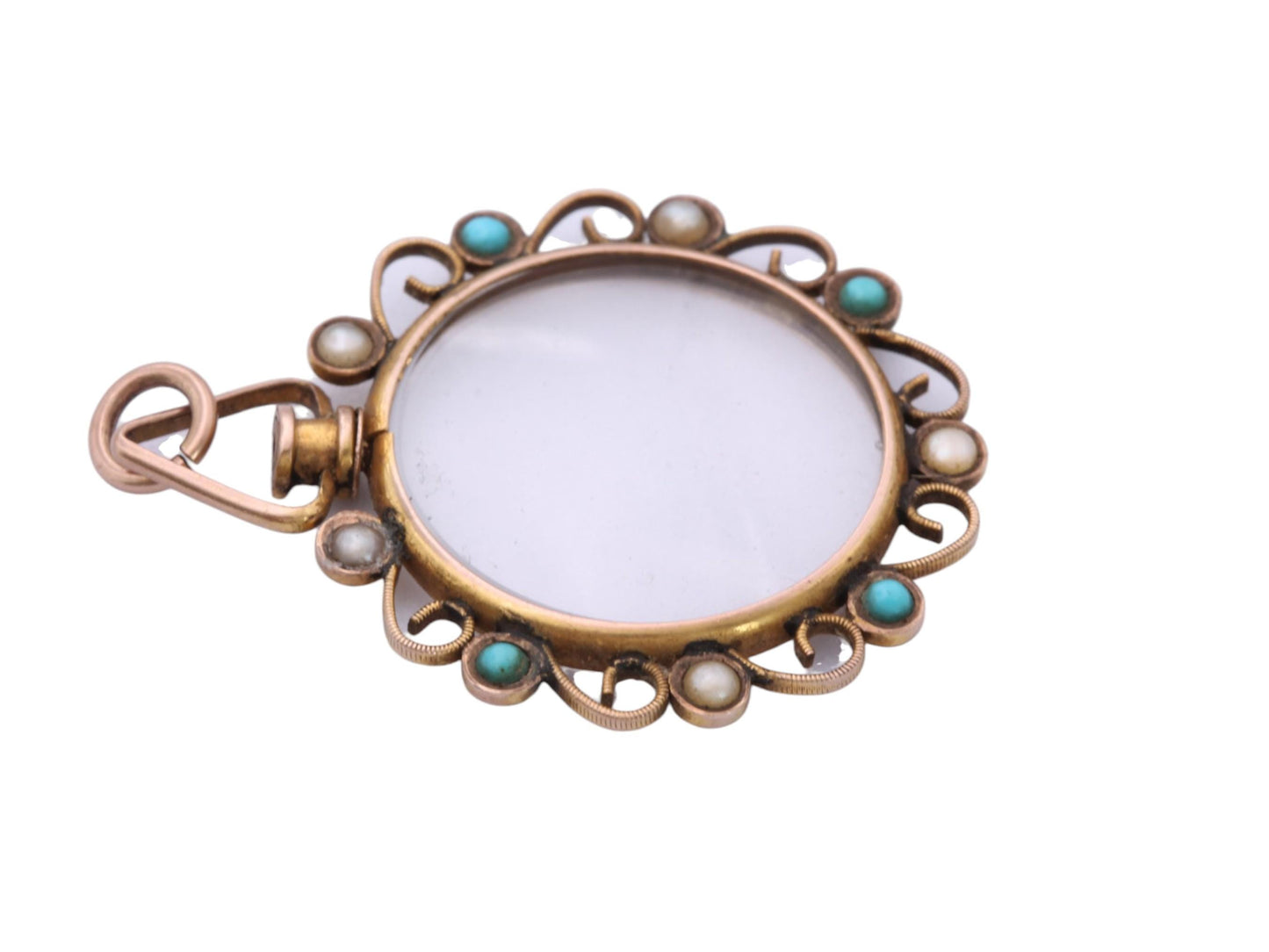 Antique 9ct Gold Glass Locket | Turquoise & Seed Pearl Border | c.1901