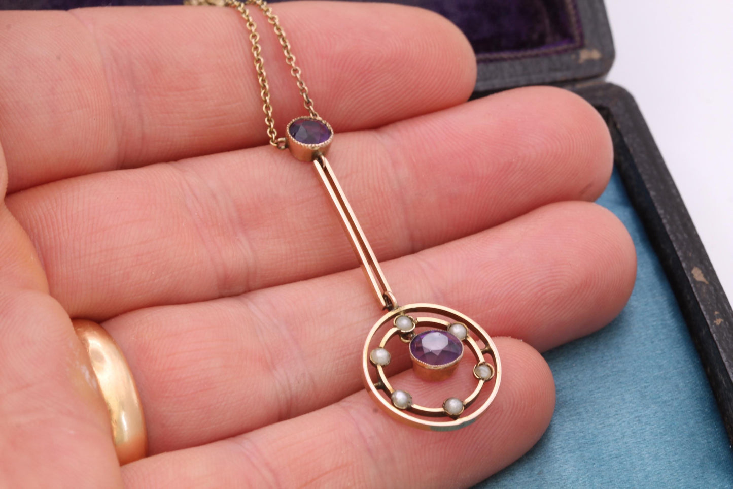 Antique 9ct Gold Amethyst Seed Pearl Pendant | Edwardian c.1901