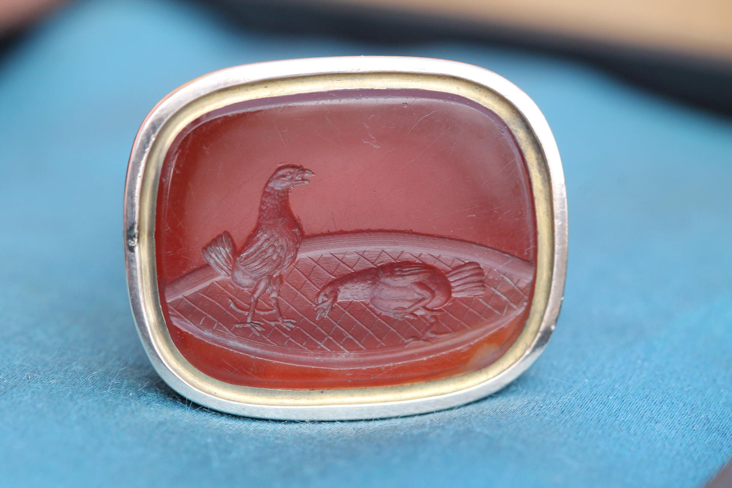 Antique 9ct Gold Large Carnelian Intaglio Seal | Two Hens Scene | c.1860