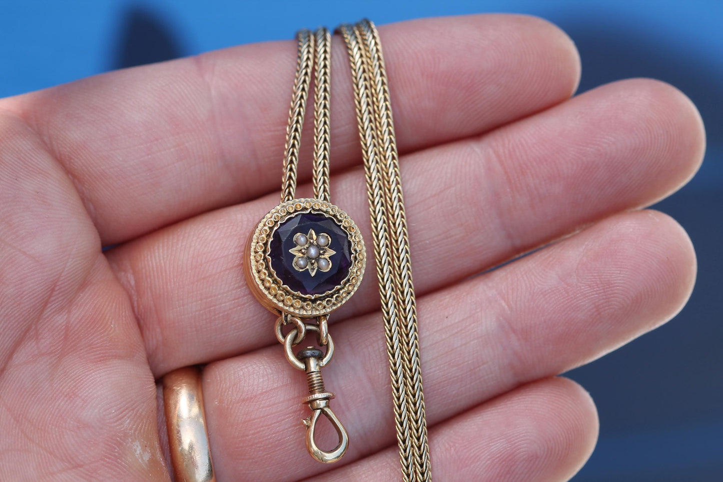 Antique-18ct-Gold-French-Long-Guard-Chain-|-Foxtail-Link-Amethyst-Slider-|-c.1860