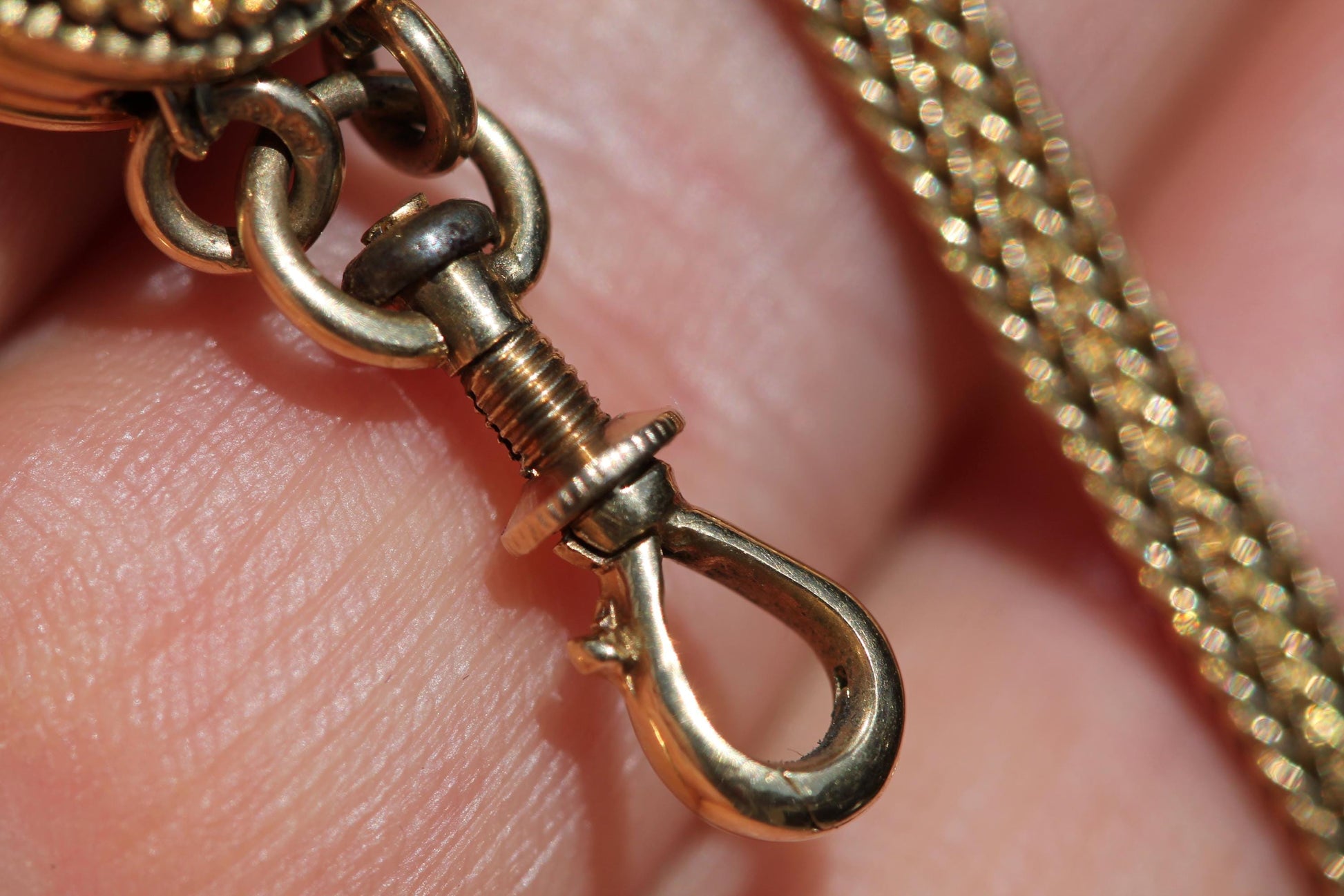 RESERVED-————--Antique-18ct-Gold-French-Long-Guard-Chain-|-Foxtail-Link-Amethyst-Slider-|-c.1860