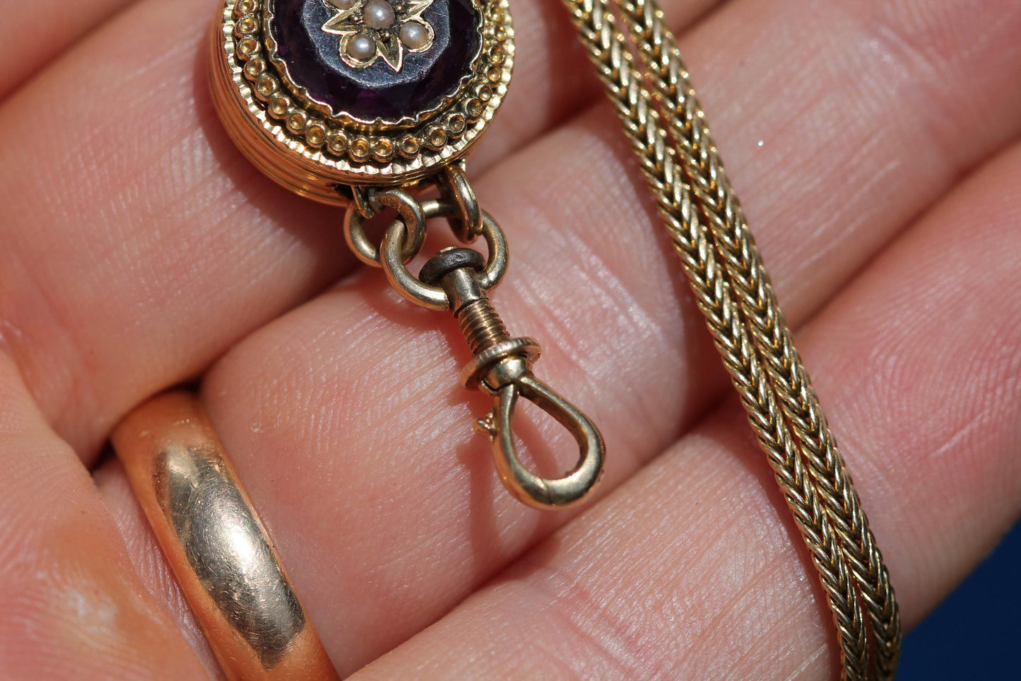Antique 18ct Gold French Long Guard Chain | Foxtail Link Amethyst Slider | c.1860