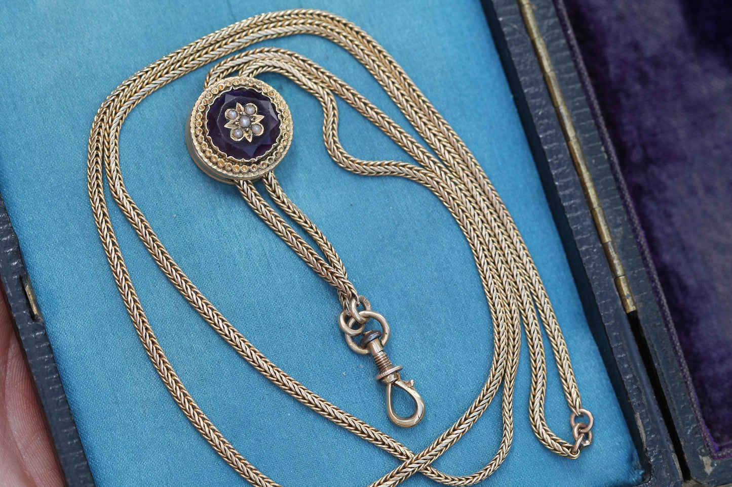 RESERVED ————- Antique 18ct Gold French Long Guard Chain | Foxtail Link Amethyst Slider | c.1860