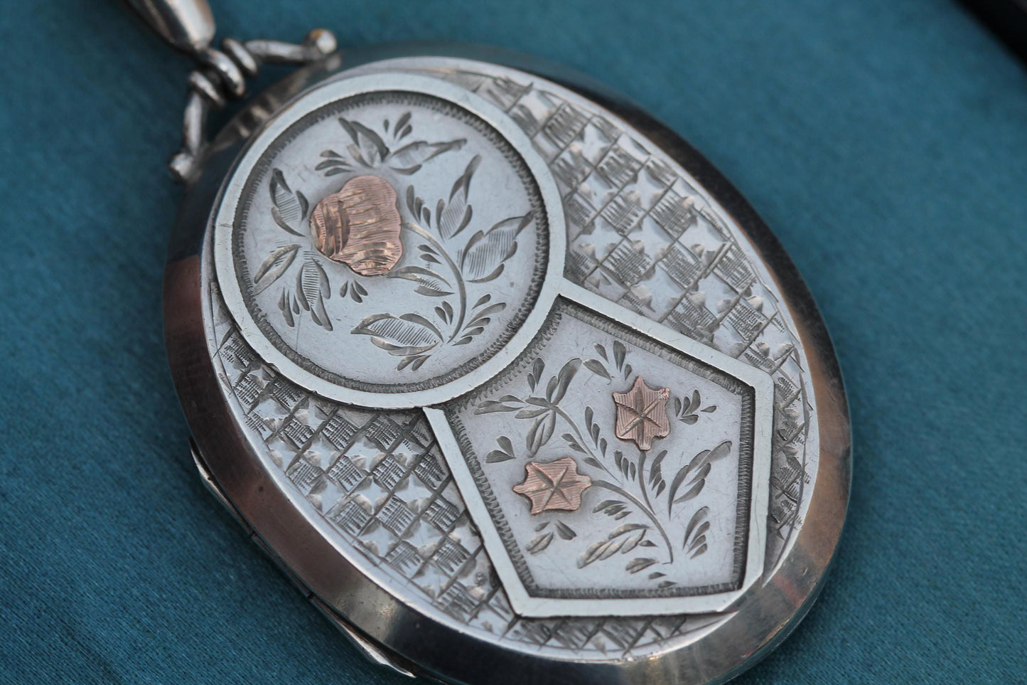 Antique Victorian Sterling Silver Locket | Applied Rose Gold Flowers | 1882