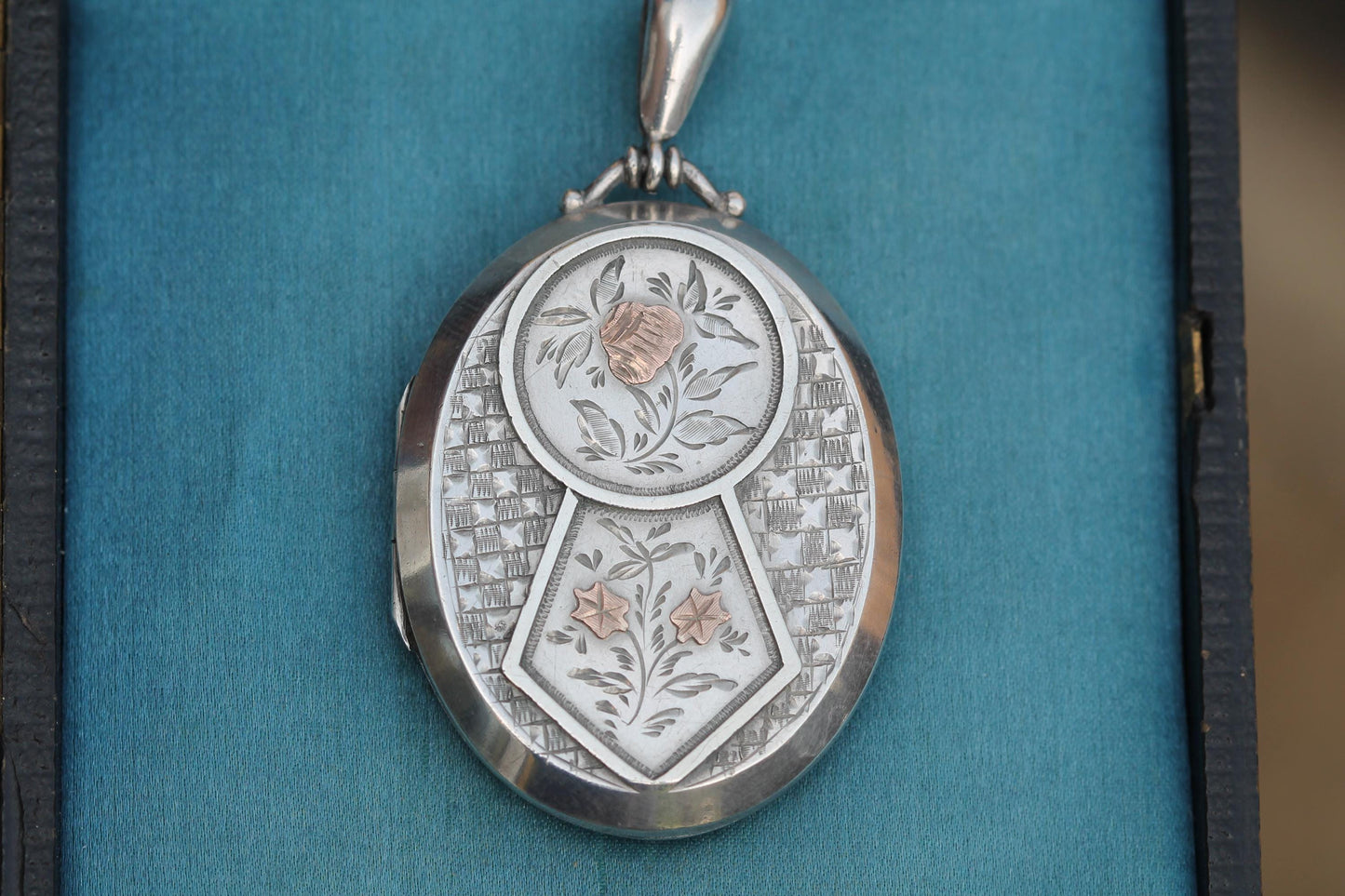 Antique Victorian Sterling Silver Locket | Applied Rose Gold Flowers | 1882