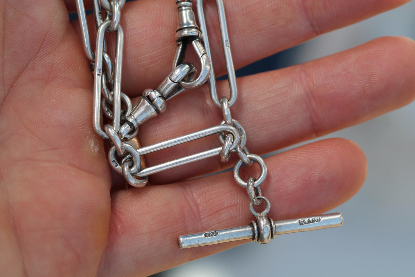 Antique Sterling Silver Double Albert Trombone Link Watch Chain, 14.25"