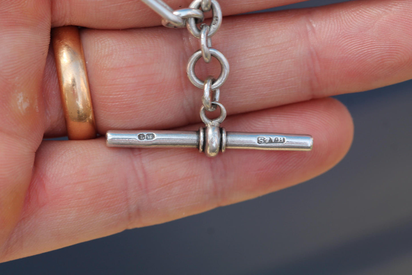 Antique Sterling Silver Double Albert Trombone Link Watch Chain, 14.25"