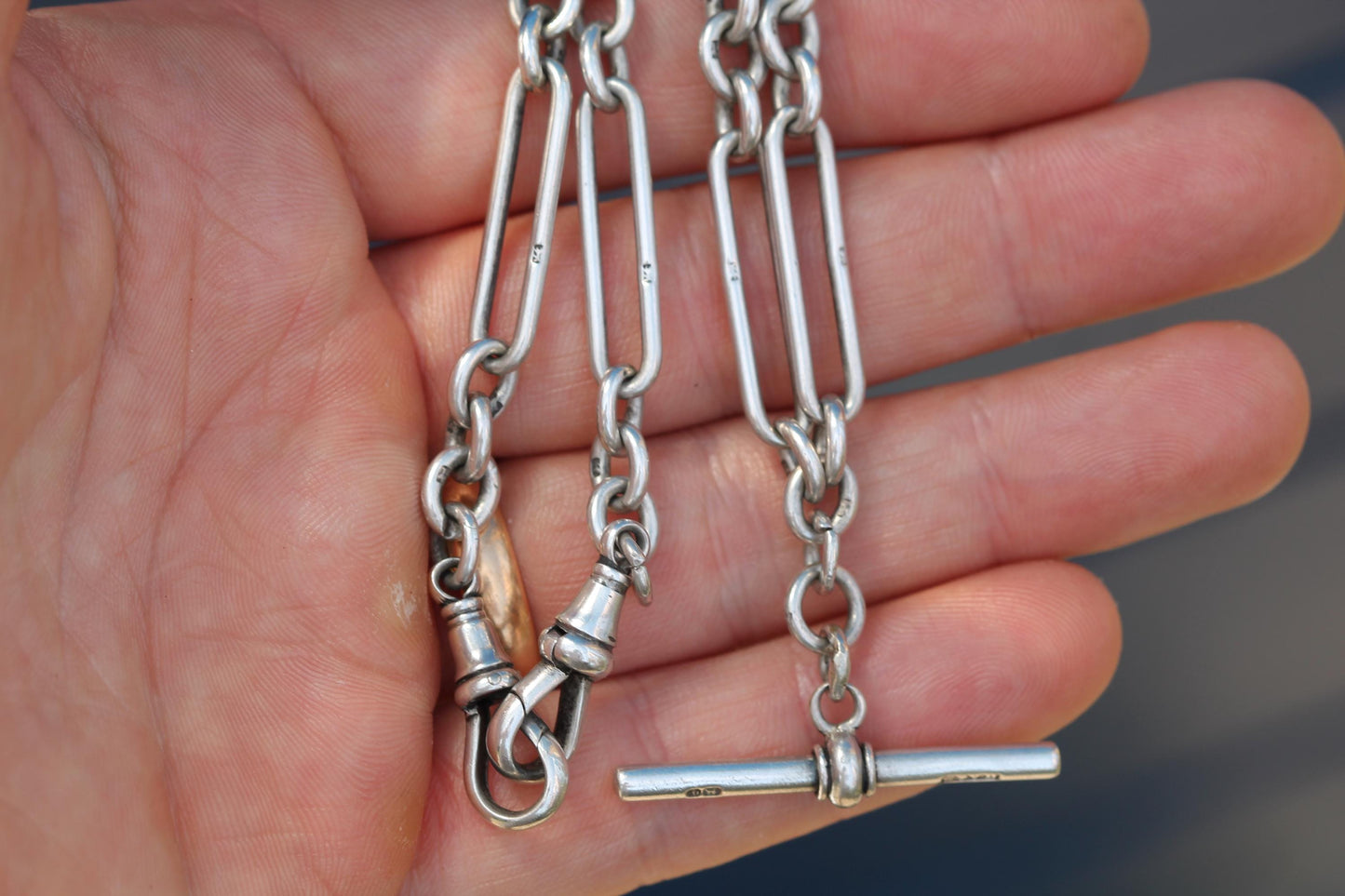 Antique Sterling Silver Double Albert Trombone Link Watch Chain, 14.25"