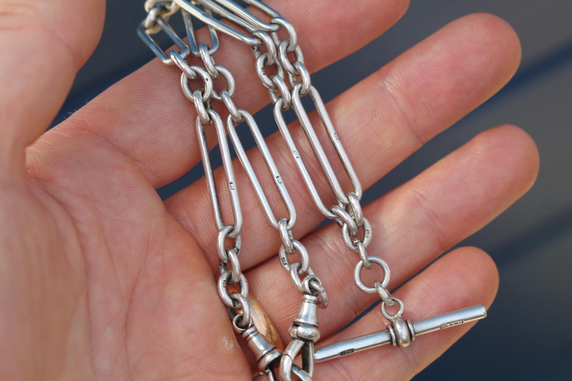 Antique-Sterling-Silver-Double-Albert-Trombone-Link-Watch-Chain,-14.25"