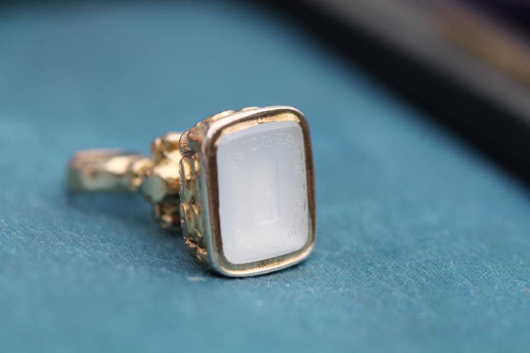 Antique 9ct Gold Filled Chalcedony Intaglio Seal "Go Where I Wish To Be", c.1880