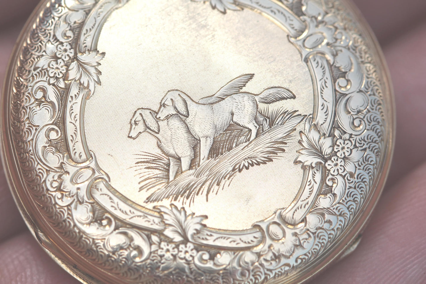 Antique 18ct Gold Swiss Ladies Pocket Watch | Chased Dog Scene | c.1880