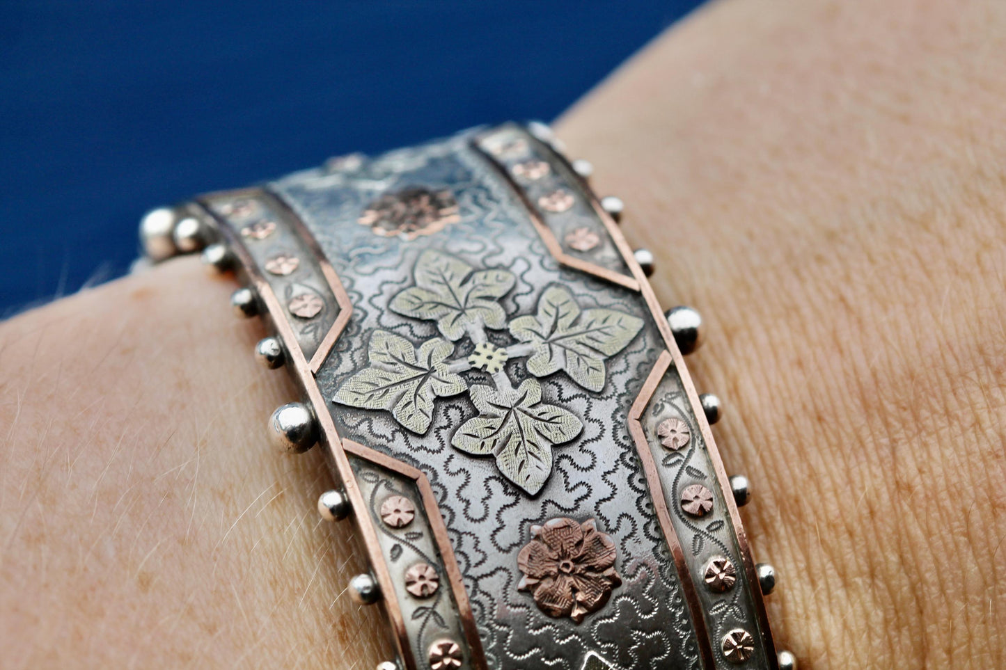 Victorian Sterling Silver Bangle | Applied Two-Colour Gold | Ivy & Forget-Me-Not | c.1880