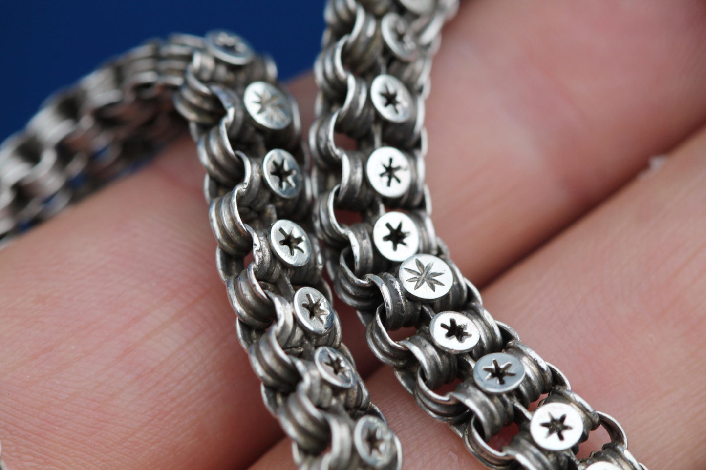 Antique Victorian Sterling Silver Necklace | Pierced Star Links | c.1880