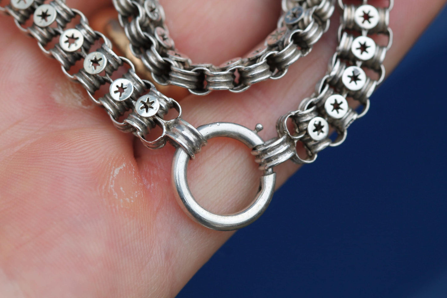 Antique Victorian Sterling Silver Necklace | Pierced Star Links | c.1880