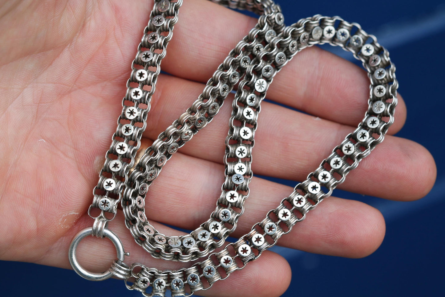 Antique Victorian Sterling Silver Necklace | Pierced Star Links | c.1880