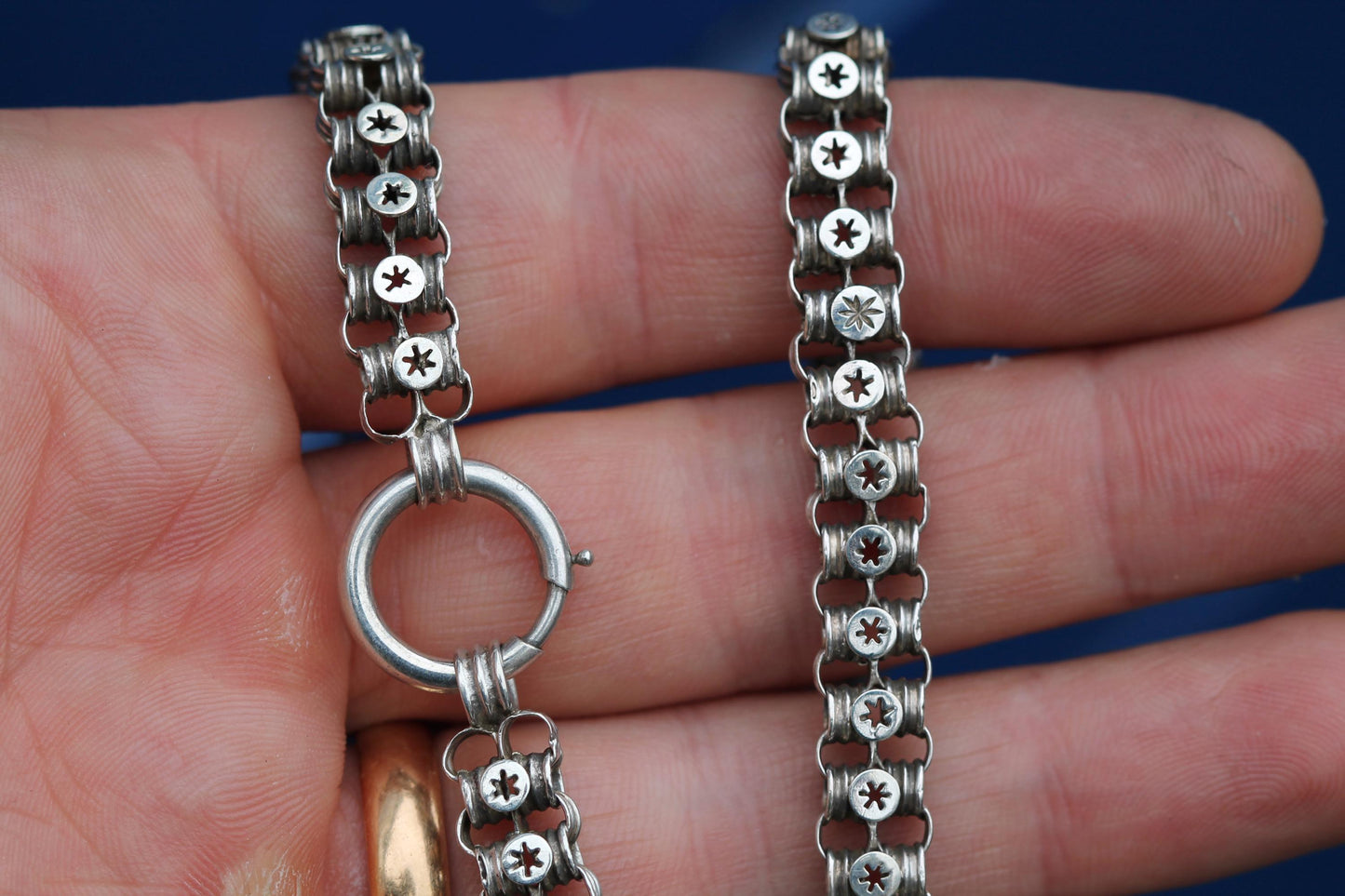 Antique Victorian Sterling Silver Necklace | Pierced Star Links | c.1880