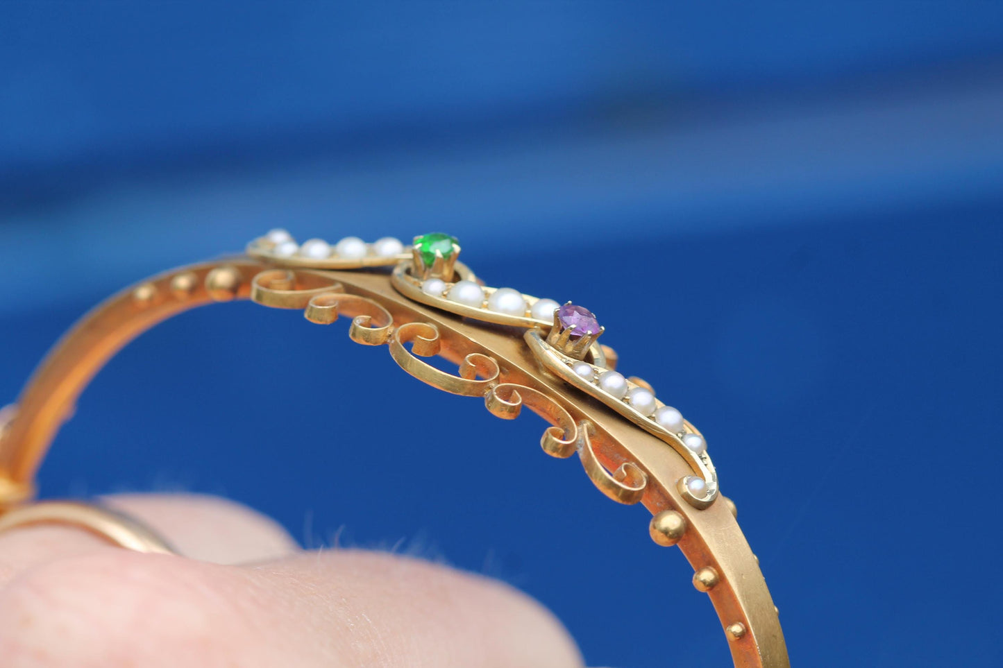 Antique 15ct Gold Suffragette Bangle | Amethyst, Pearl & Emerald | Edwardian 1906