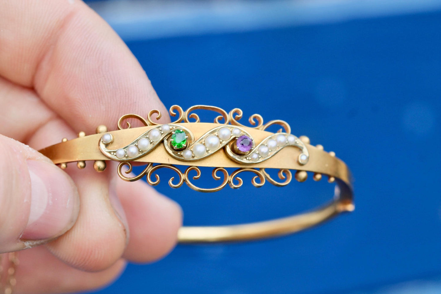 Antique-15ct-Gold-Suffragette-Bangle-|-Amethyst,-Pearl-&-Emerald-|-Edwardian-1906