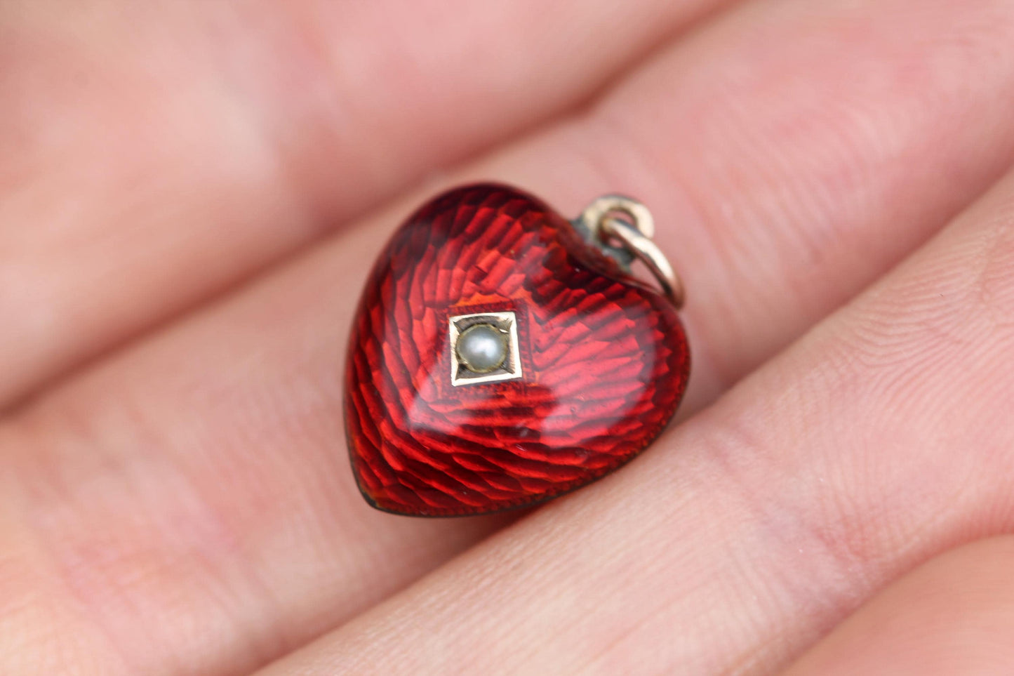 Antique 9ct Rose Gold Red Enamel Puffy Heart Pendant | Seed Pearl | Victorian