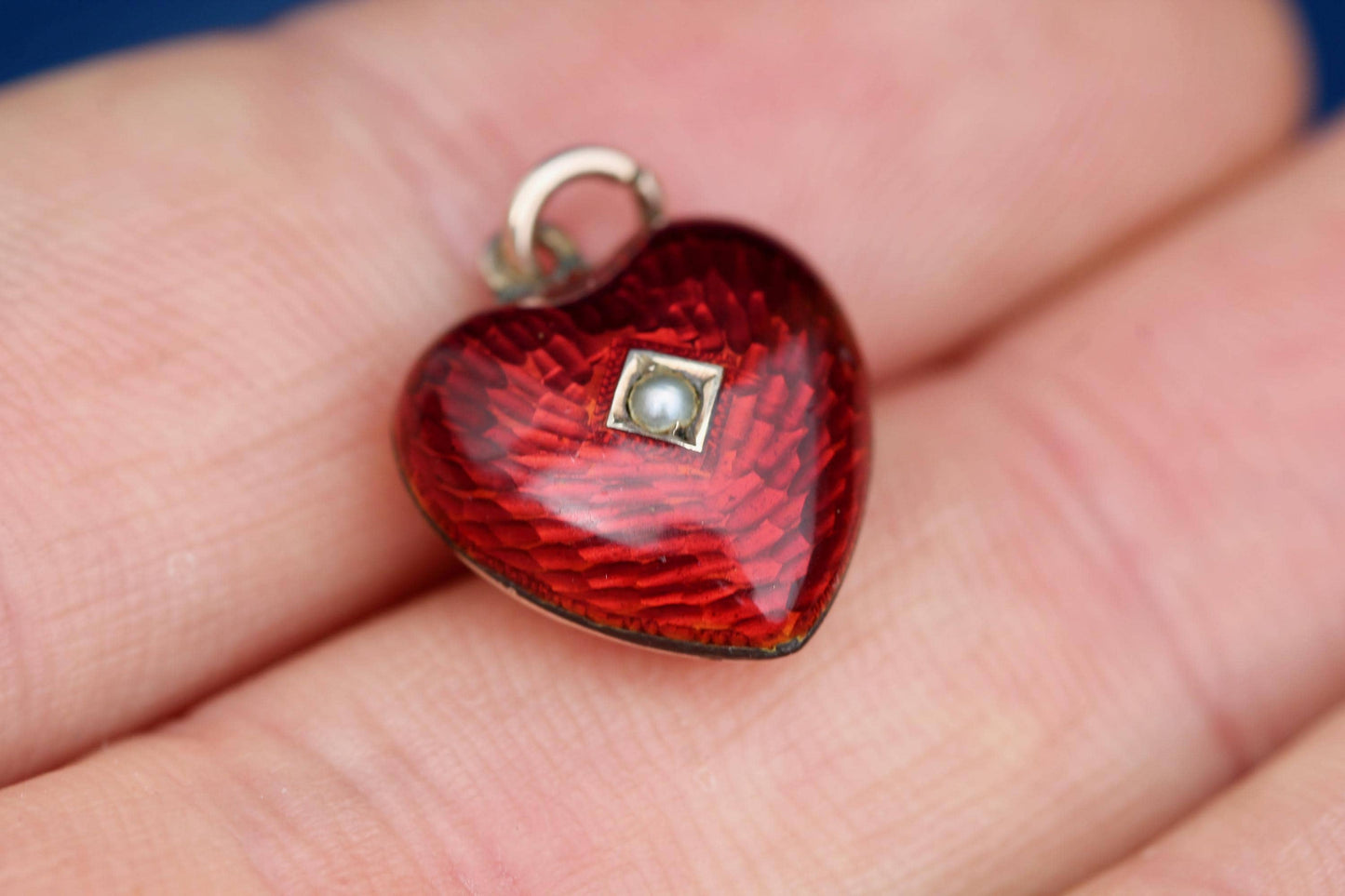 Antique 9ct Rose Gold Red Enamel Puffy Heart Pendant | Seed Pearl | Victorian