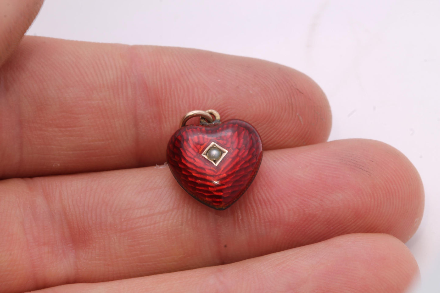 Antique 9ct Rose Gold Red Enamel Puffy Heart Pendant | Seed Pearl | Victorian