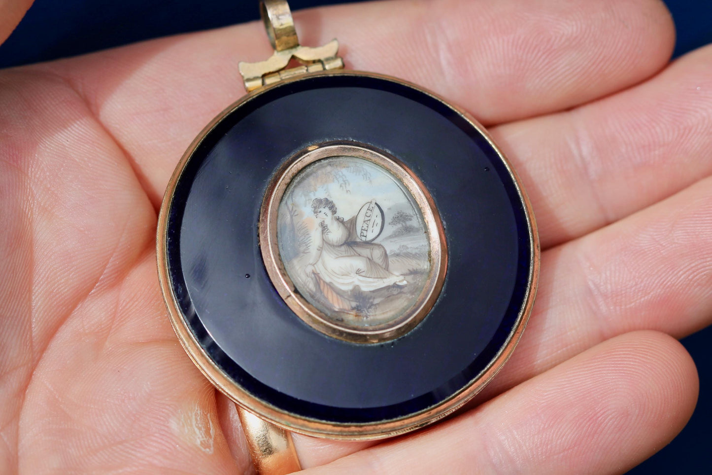 Antique Georgian Gold Filled Pendant Locket | Hand Painted Miniature | Blue Glass | c.1780