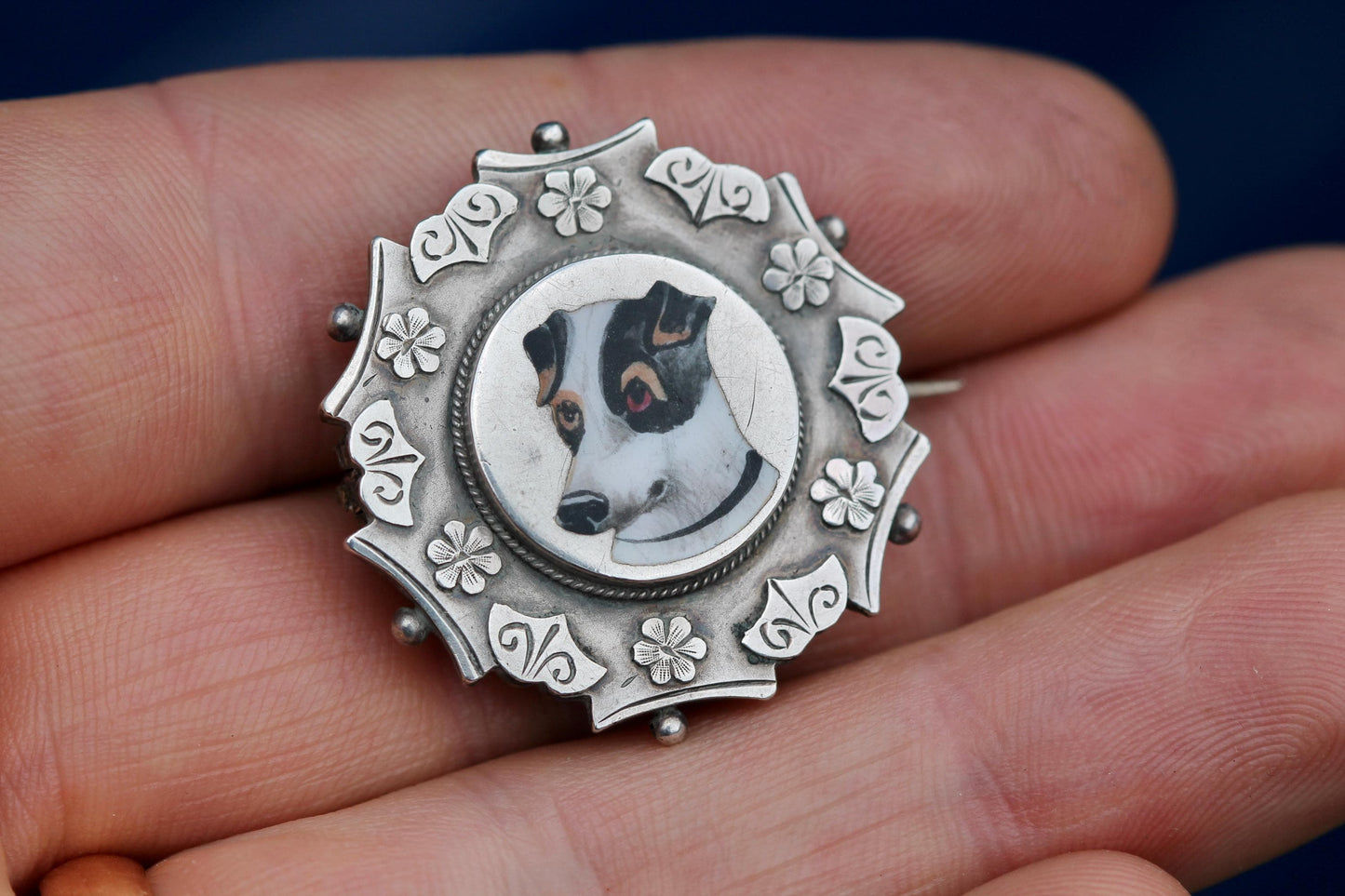 Antique Sterling Silver Brooch | Hand Painted Dog Portrait | Floral Border | 1887