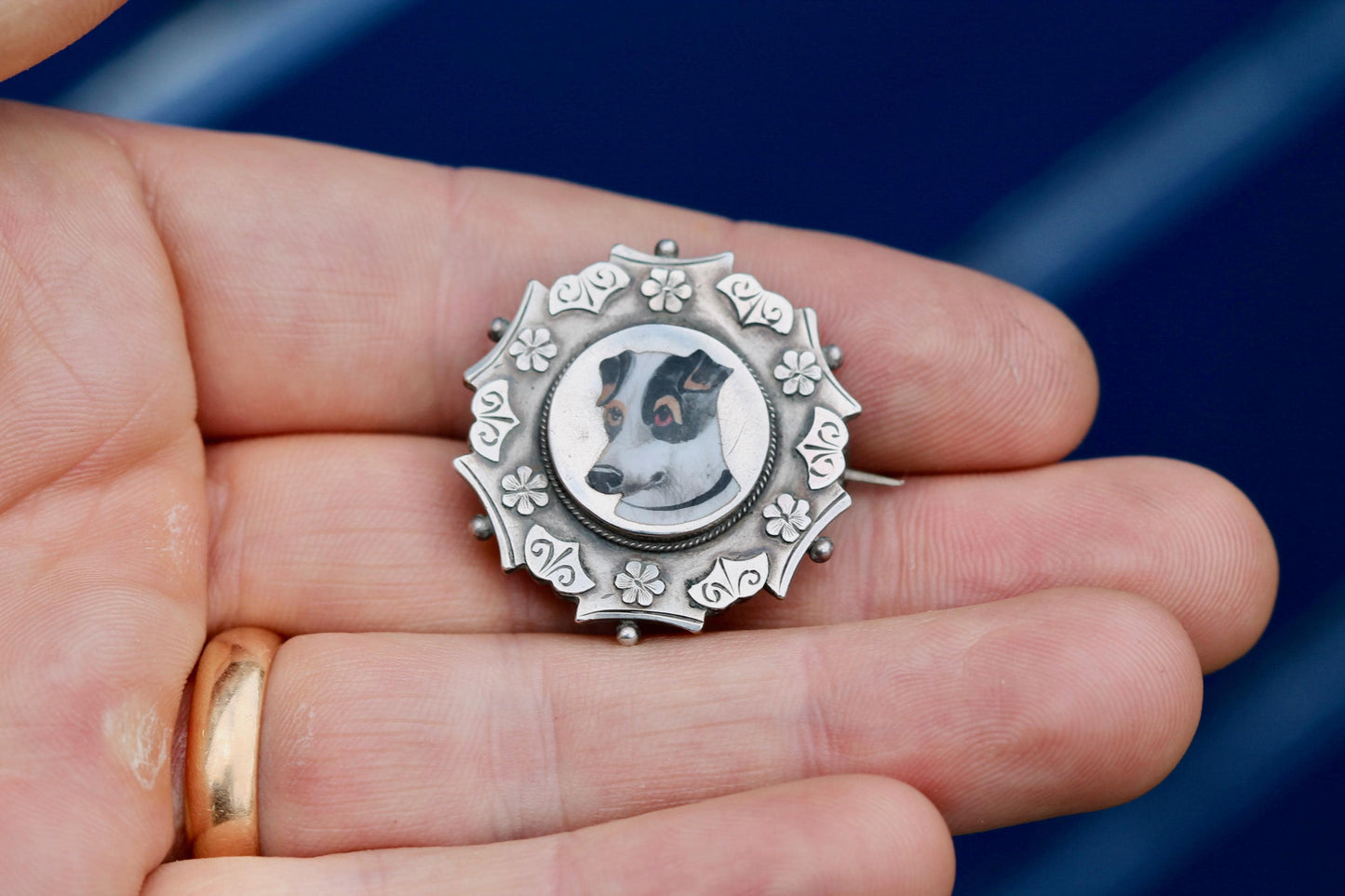 Antique Sterling Silver Brooch | Hand Painted Dog Portrait | Floral Border | 1887
