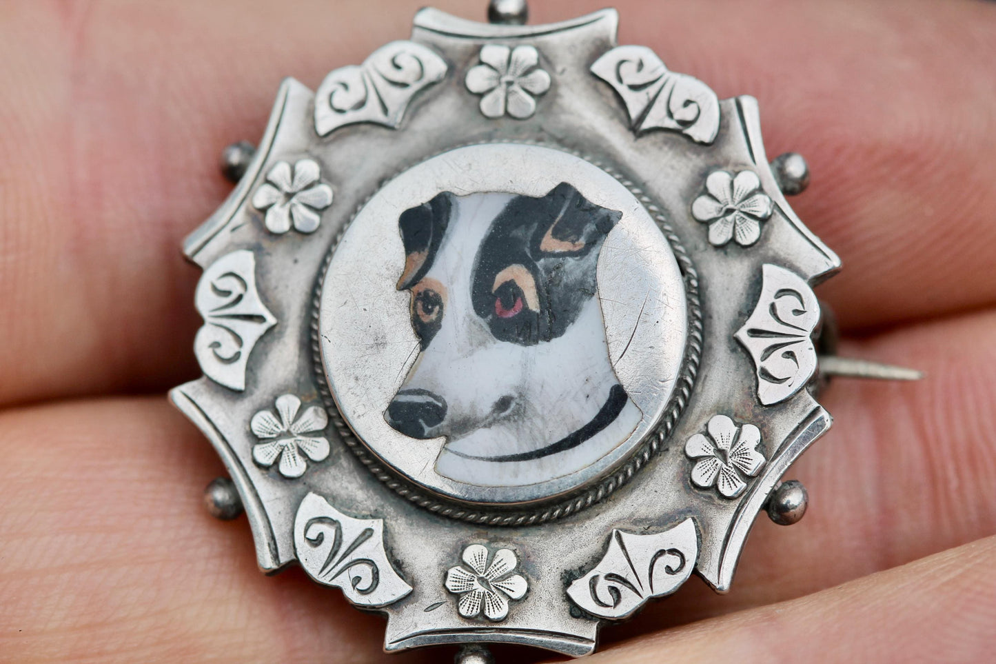 Antique Sterling Silver Brooch | Hand Painted Dog Portrait | Floral Border | 1887