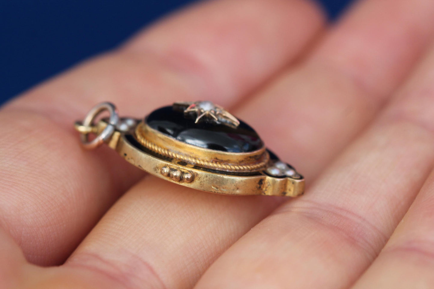 Antique 15ct Gold Pendant | Onyx Cabochon | Black Enamel | Seed Pearls | c.1860