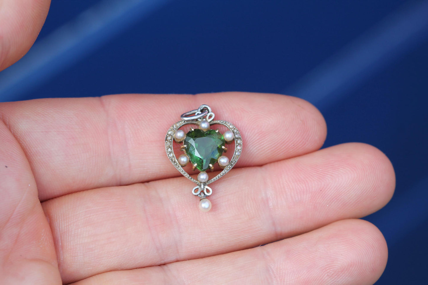 Antique French 15ct Gold & Platinum Pendant | Green Tourmaline | Old Cut Diamonds | c.1920