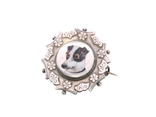 Antique Sterling Silver Brooch | Hand Painted Dog Portrait | Floral Border | 1887