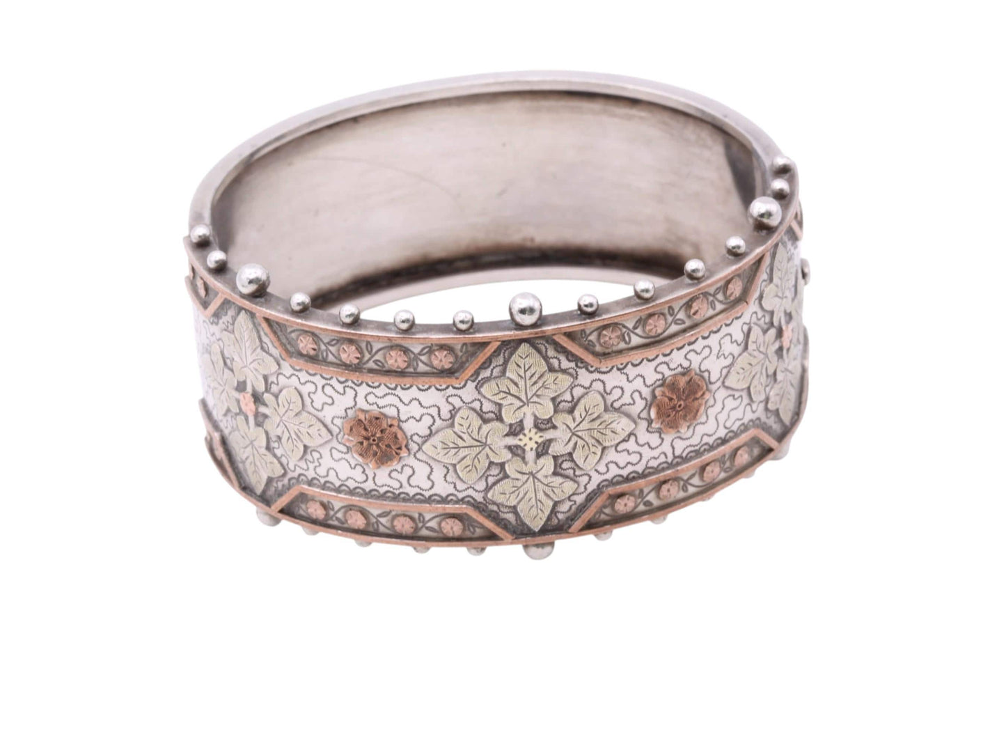 Victorian Sterling Silver Bangle | Applied Two-Colour Gold | Ivy & Forget-Me-Not | c.1880