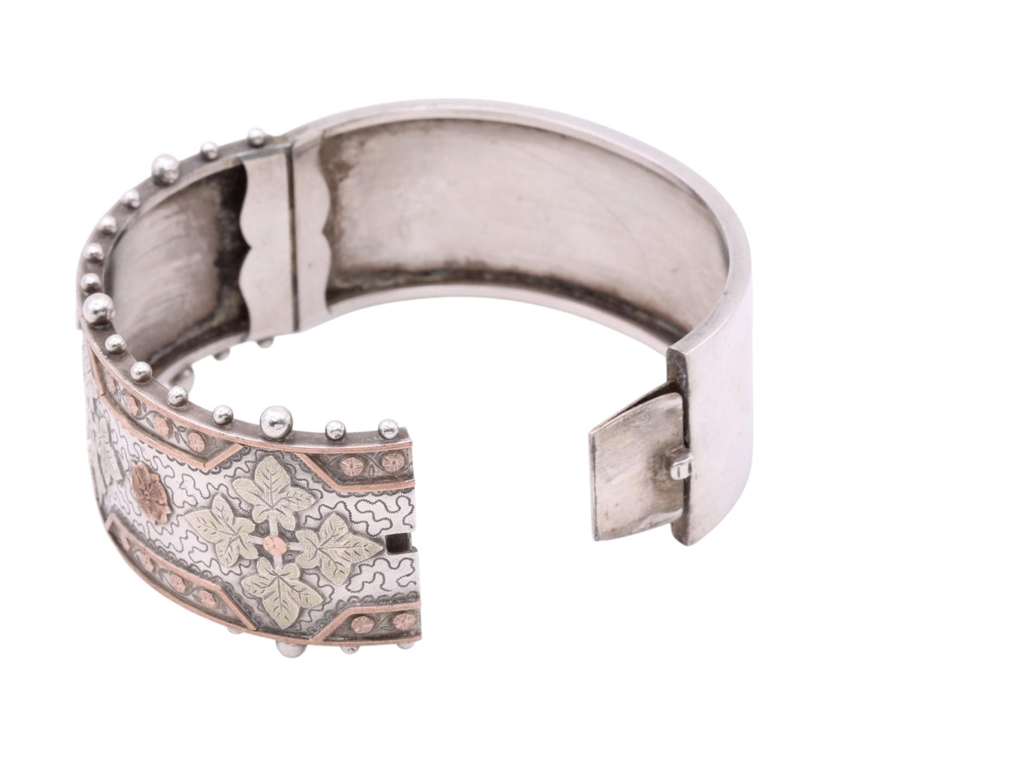 Victorian Sterling Silver Bangle | Applied Two-Colour Gold | Ivy & Forget-Me-Not | c.1880