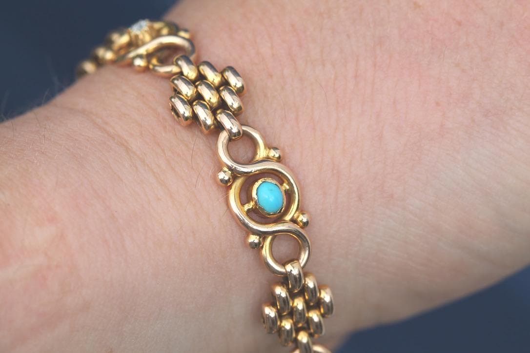 Antique Edwardian 15ct Gold Turquoise & Diamond Bracelet