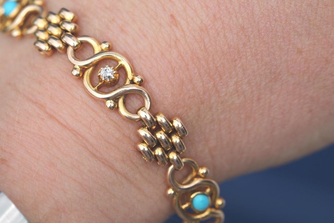 Antique Edwardian 15ct Gold Turquoise & Diamond Bracelet