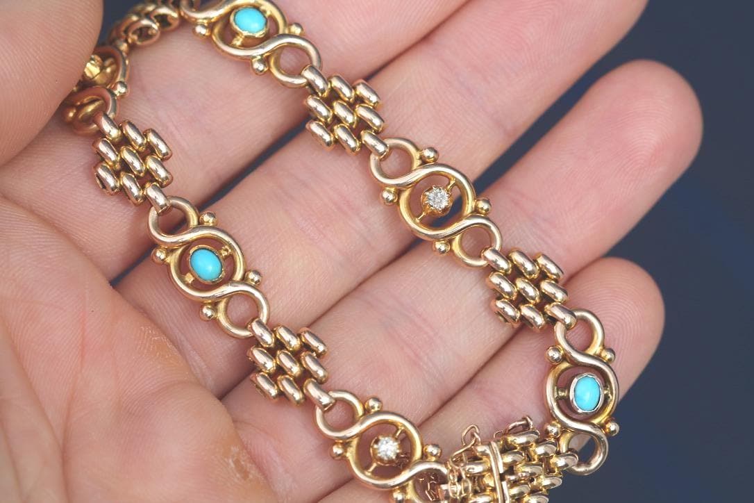 Antique Edwardian 15ct Gold Turquoise & Diamond Bracelet