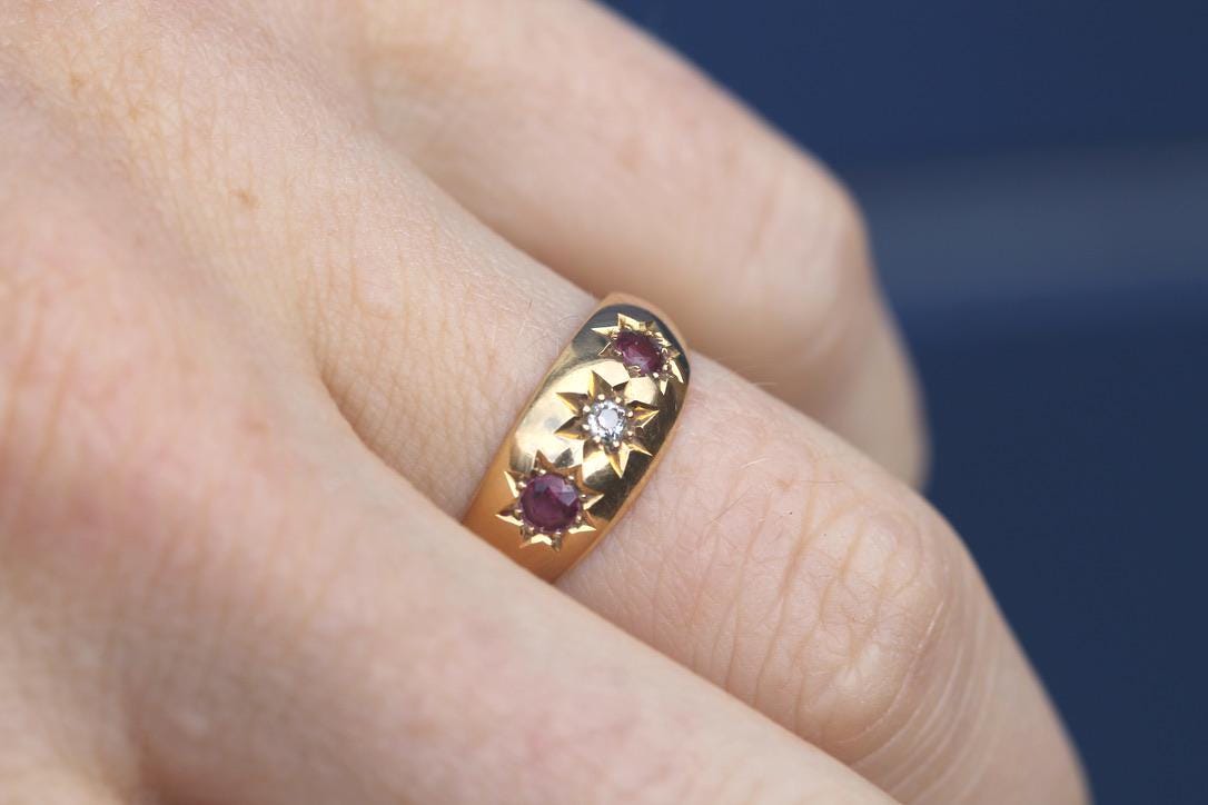 Antique 18ct Gold Ruby & Diamond Gypsy Ring, 1911