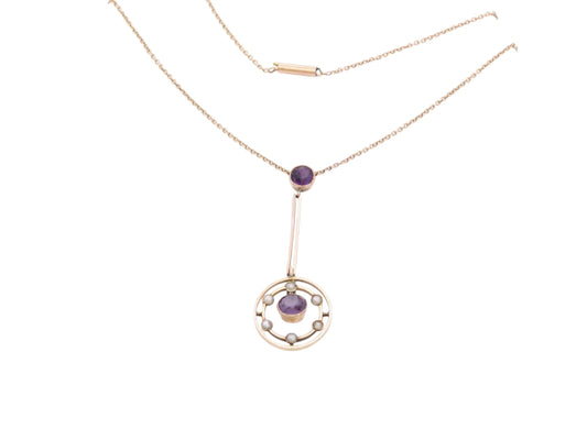 Antique 9ct Gold Amethyst Seed Pearl Pendant | Edwardian c.1901