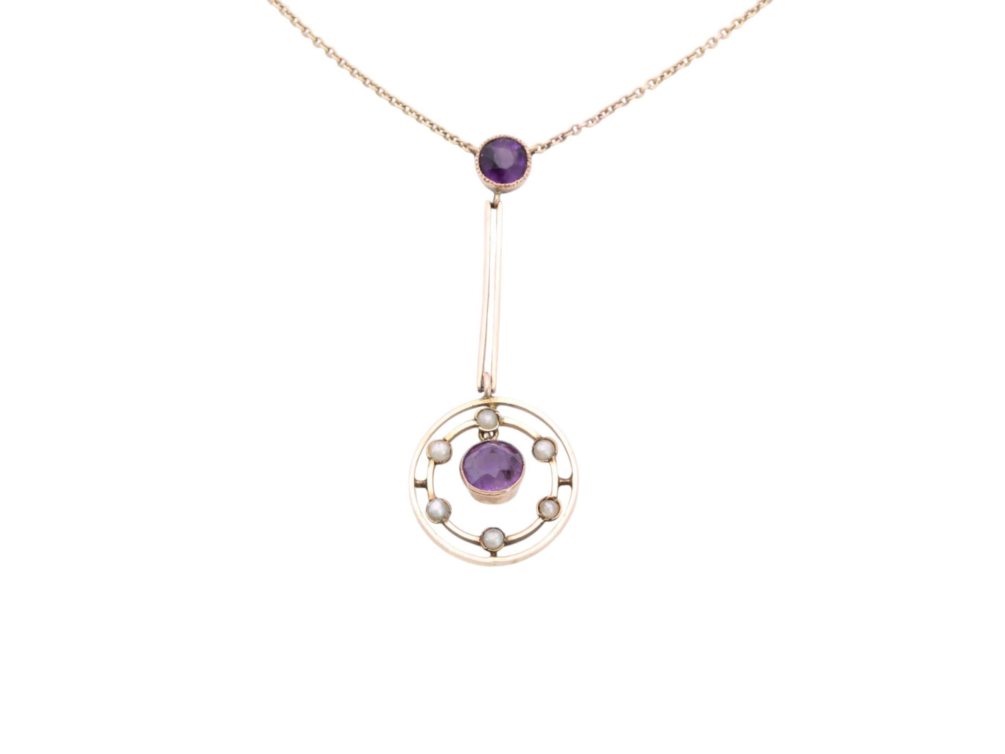 Antique 9ct Gold Amethyst Seed Pearl Pendant | Edwardian c.1901