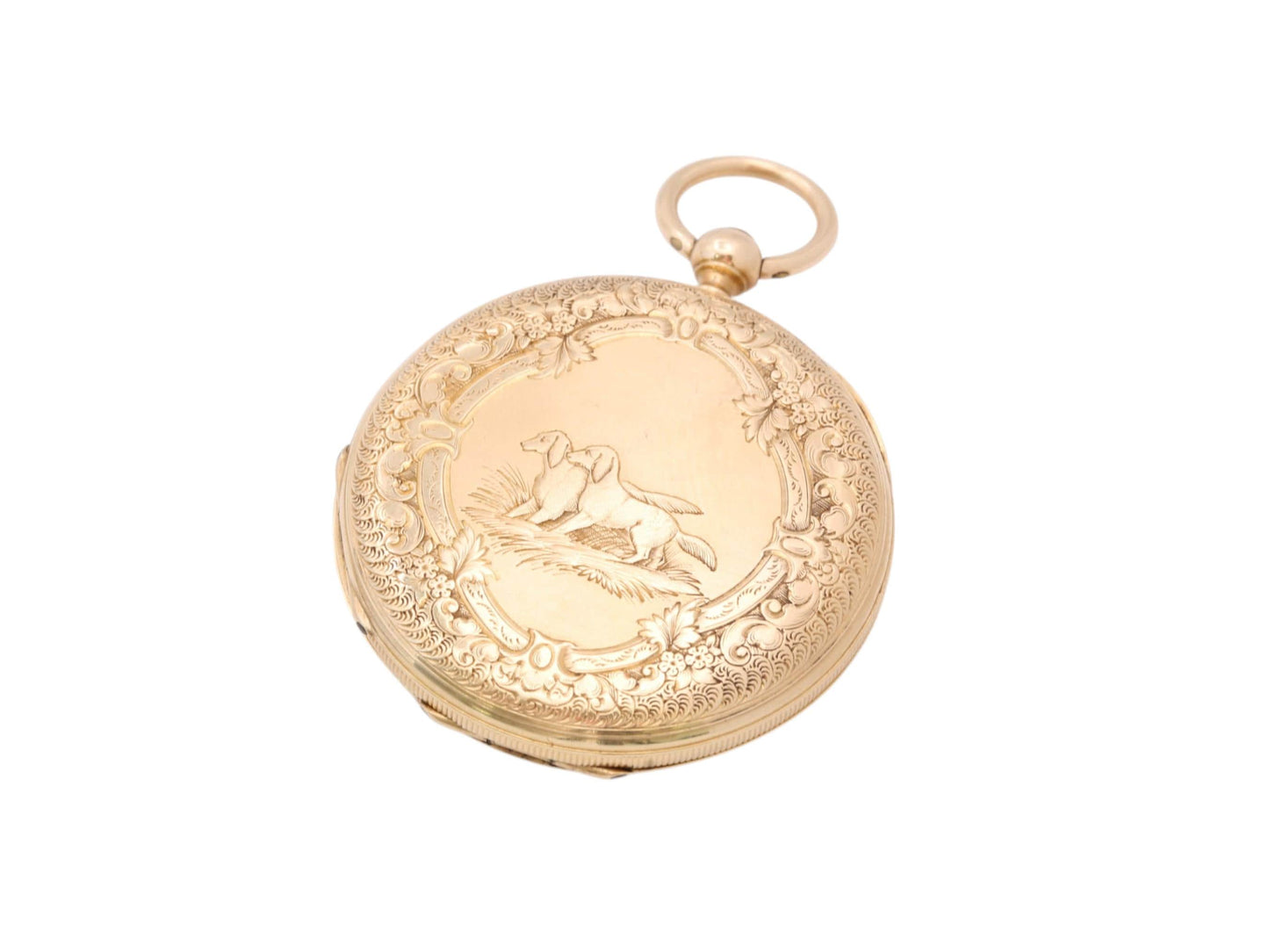Antique 18ct Gold Swiss Ladies Pocket Watch | Chased Dog Scene | c.1880