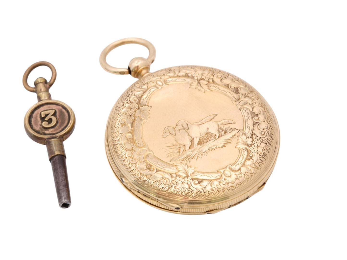 Antique 18ct Gold Swiss Ladies Pocket Watch | Chased Dog Scene | c.1880