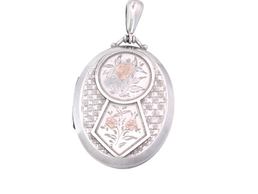Antique Victorian Sterling Silver Locket | Applied Rose Gold Flowers | 1882