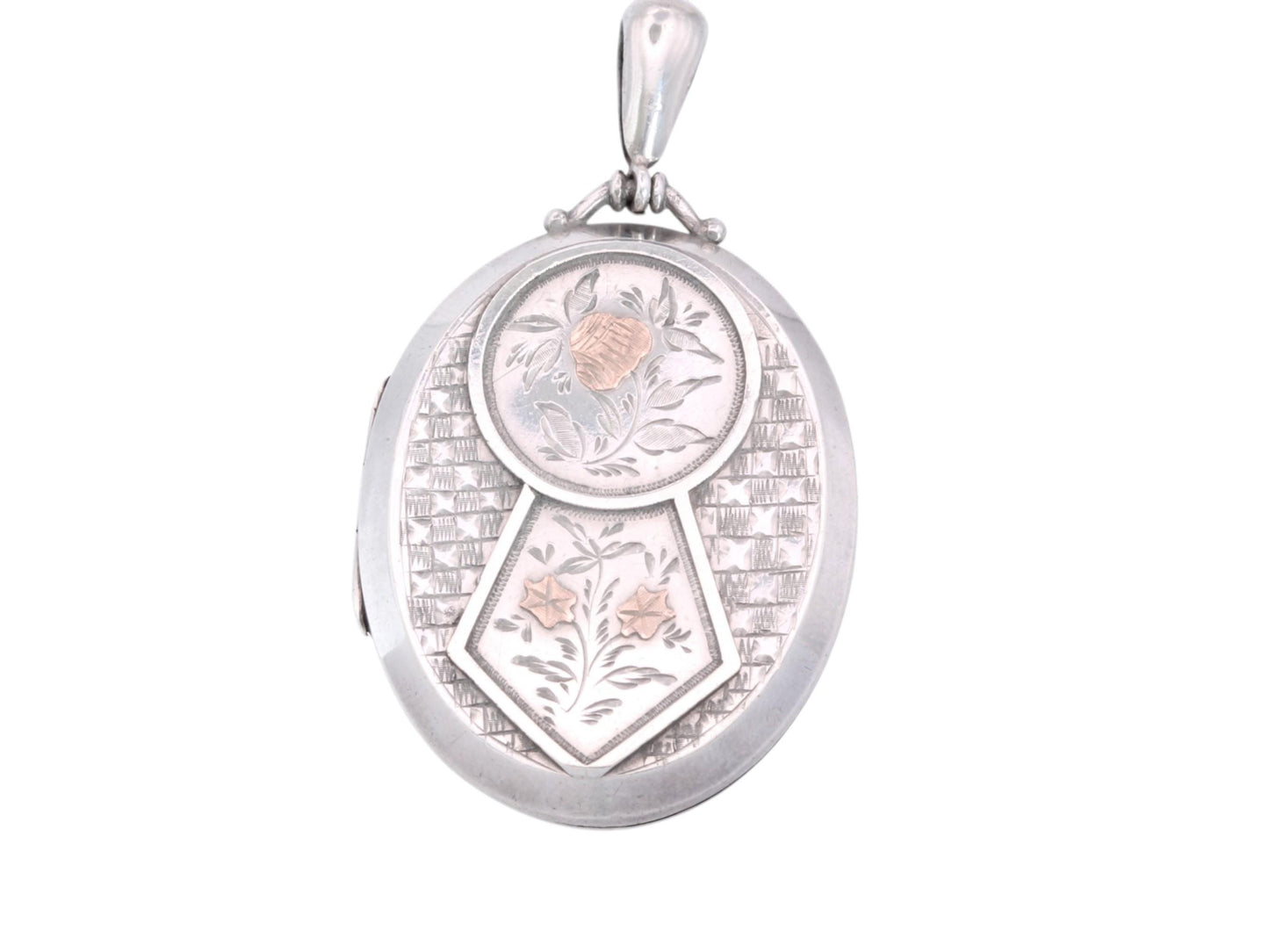 Antique Victorian Sterling Silver Locket | Applied Rose Gold Flowers | 1882