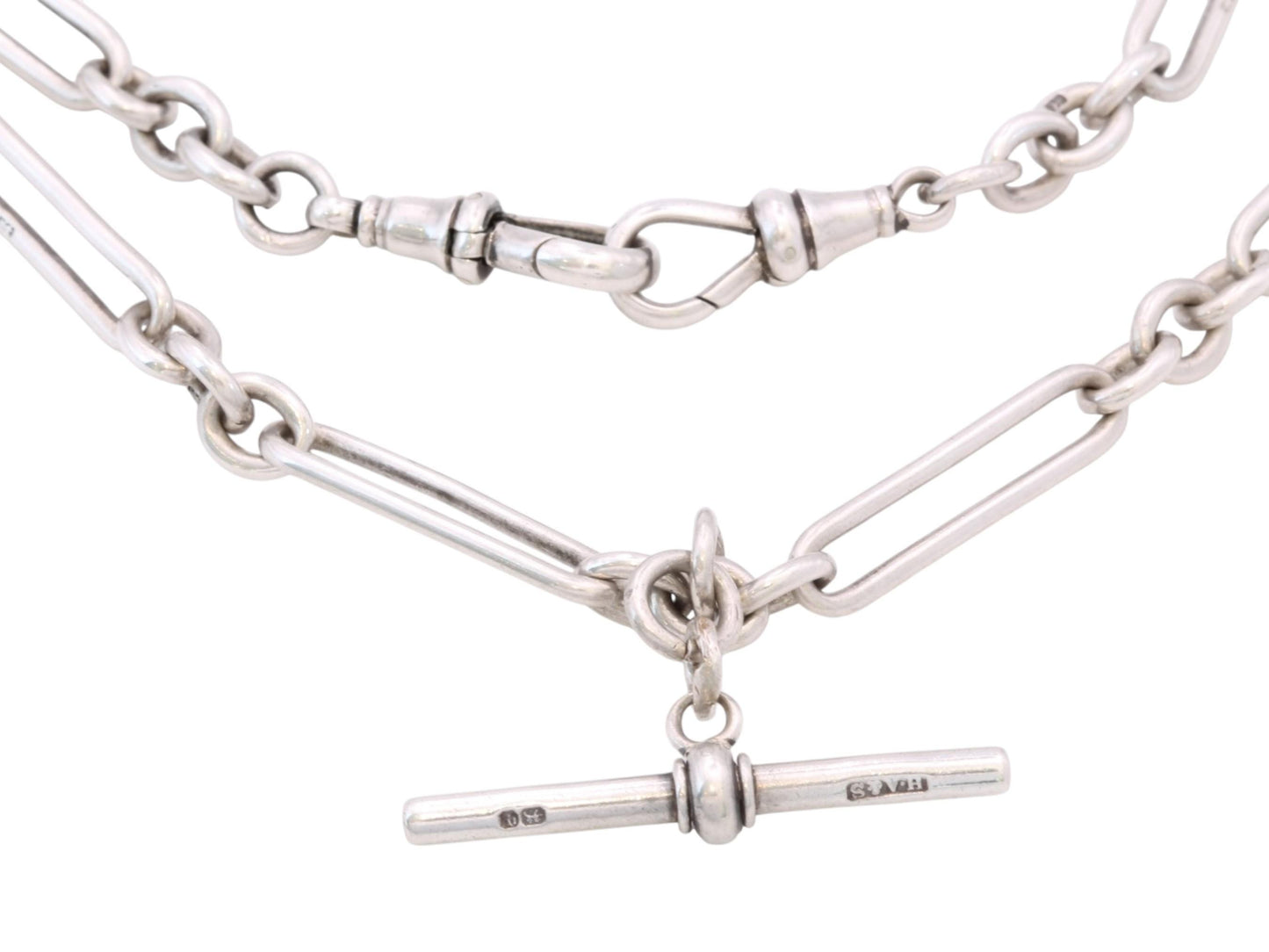 Antique Sterling Silver Double Albert Trombone Link Watch Chain, 14.25"