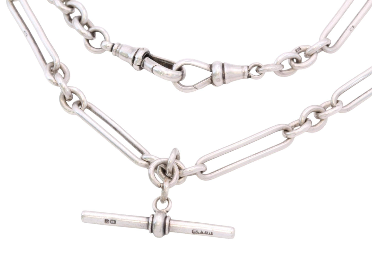 Antique Sterling Silver Double Albert Trombone Link Watch Chain, 14.25"