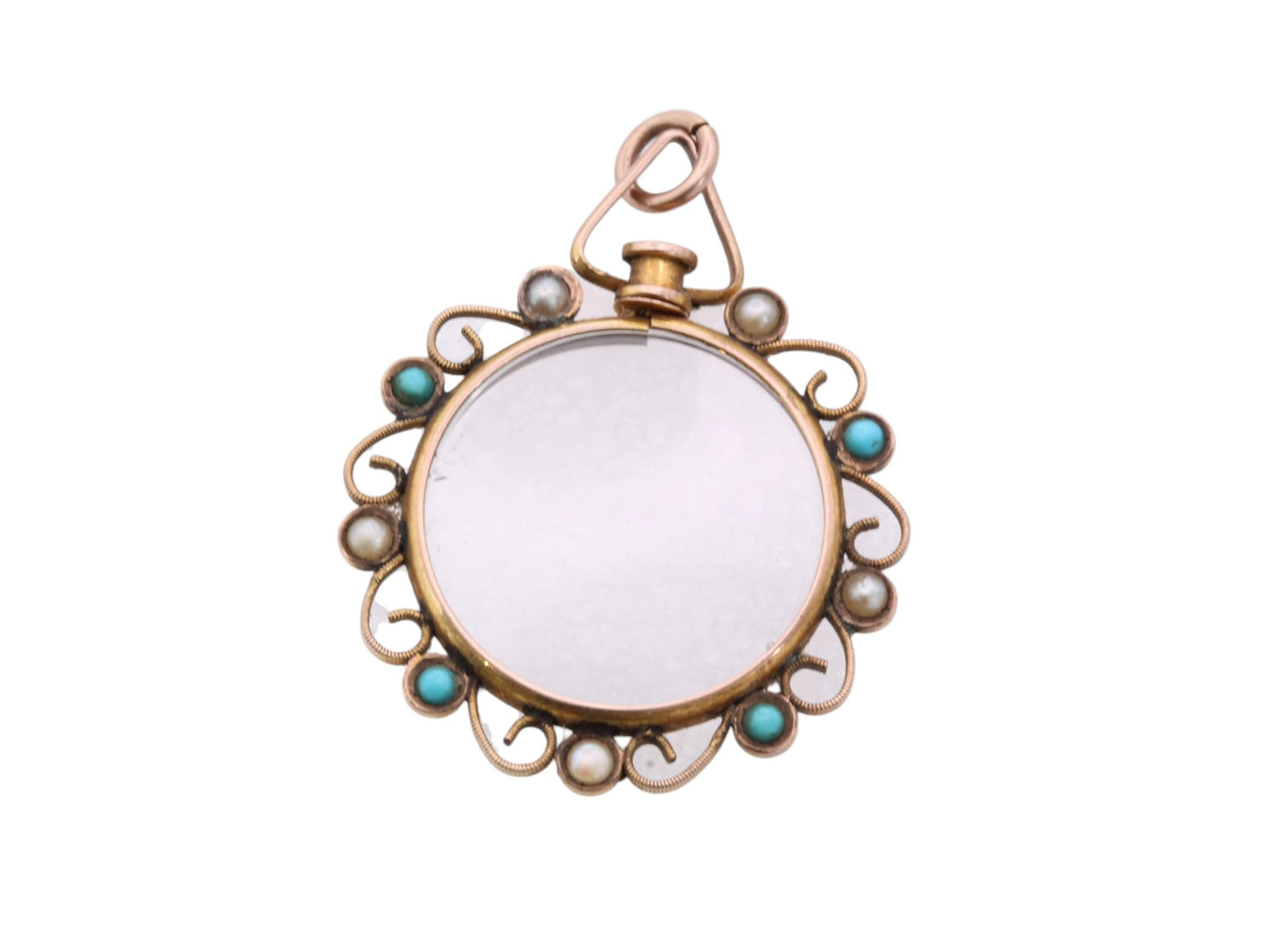 Antique 9ct Gold Glass Locket | Turquoise & Seed Pearl Border | c.1901